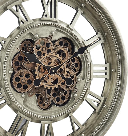 CLXEAST 24 Inch Wall Clock with Moving Gears, Oversized Large Roman Numeral Wall Clocks for Living Room Decor,Antique Champagne Finish,House Warming Gifts New Home