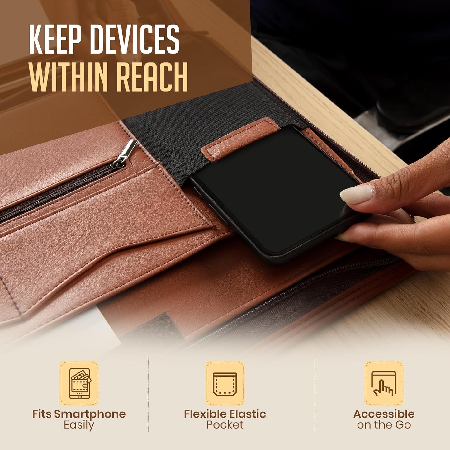 STYLIO Zipper Padfolio Portfolio Binder Organizer (Tan Color) | Faux Leather Portfolio for Resume, Documents, Phone, Tablet, Business Supplies and Cards | Letter Sized Notepad Included | Brown