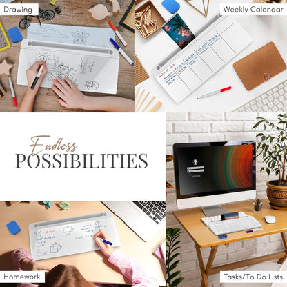 Birch Desktop Whiteboard with Storage & Multiple Markers Surface Desktop Glass Dry Erase Board Desk Top White Board Dry Erase Notepad Desk White Board Tabletop Desk Whiteboard (Cloud)