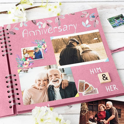 Bstorify 10 x 10 Inches Scrapbook Album 70 Pages Pink Thick Kraft Paper Corner Protectors, Ribbon Closure - Ideal for Your Scrapbooking, Art & Craft Projects (Pink, 10 x 10 Inch)