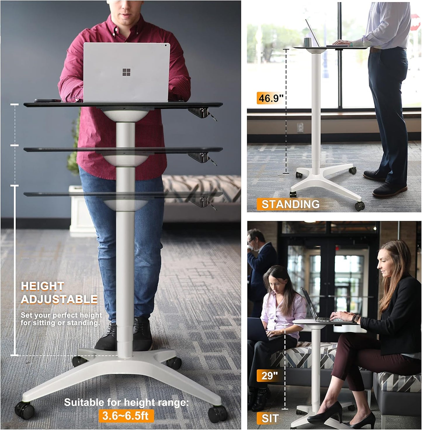 Pneumatic Adjustable Height Desk, Laptop Standing Desk, Rolling Sit-Stand Cart, Mobile Podium Portable Lectern for Home, Office& Classroom, 26" 19.3" Platform (29" to 46.9" H)，White