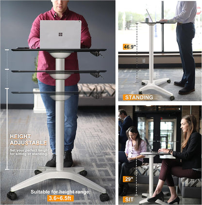 Pneumatic Adjustable Height Desk, Laptop Standing Desk, Rolling Sit-Stand Cart, Mobile Podium Portable Lectern for Home, Office& Classroom, 26" 19.3" Platform (29" to 46.9" H)，White