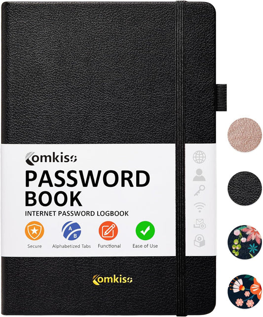 Password Book with Individual Alphabetical Tabs Laminated, Large Print Password Keeper Book for Seniors, A5 Hardcover Internet Password Log Book to Record Website Login Details - Black