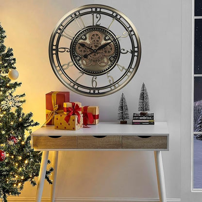 CLXEAST 28 Inch Large Moving Gear Wall Clock for Living Room Decor, Modern Farmhouse Wall Clock for Home Office,Brass Gold,House Warming Gifts New Home