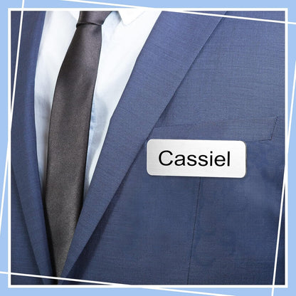 Breling 100 Pieces Name Tags with Pins 1 x 3 Inches Blank Name Tags Reusable ID Badge Holders with Clip for Office Workers Students Employee Custom(Silver and Black)