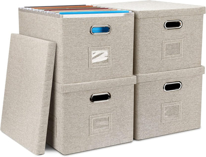 File Organizer Box, Decorative Storage Filling Box with Lid for Letter Legal Size Hanging Folders Collapsible Linen File Folder Box Office Document Storage Filing Bin, Beige 4 Pack