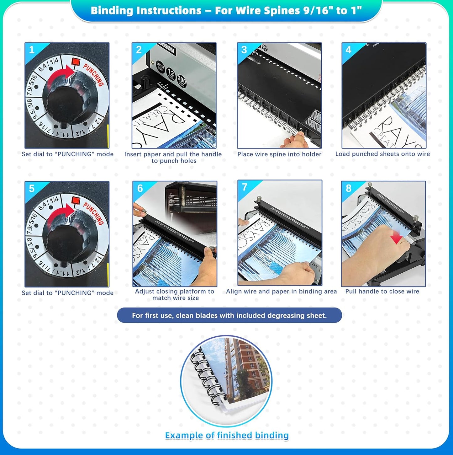 Rayson TD1222 Wire Binding Machine - 2:1 Pitch, Rectangular Holes, 220 Sheet Binding / 12 Sheet Punching Capacity