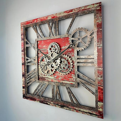 ImprovingLife The Gears Clock 24'' Inch Square Real Moving Gear Wall Clock Vintage Industrial Oversized Rustic Farmhouse (Red Lava)