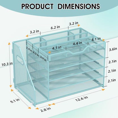 5 Tier Paper Letter Tray with File Holder and 3 Drop-in Pen Holders, Mesh Desk File Organizer with Handle, Desk Organizers and Accessories for School,Home, Office Supplies Storage-Blue