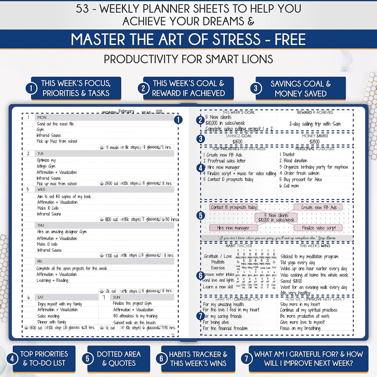 Life Planner - Undated Daily, Weekly & Monthly Planner with Budget Section | A 12 Month Journey to Increase Productivity & Happiness | Life Organizer & Gratitude Journal - Horizontal Format