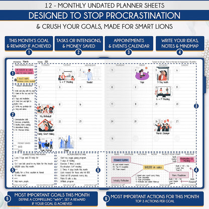 Life Planner - Undated Daily, Weekly & Monthly Planner with Budget Section | A 12 Month Journey to Increase Productivity & Happiness | Life Organizer & Gratitude Journal - Horizontal Format
