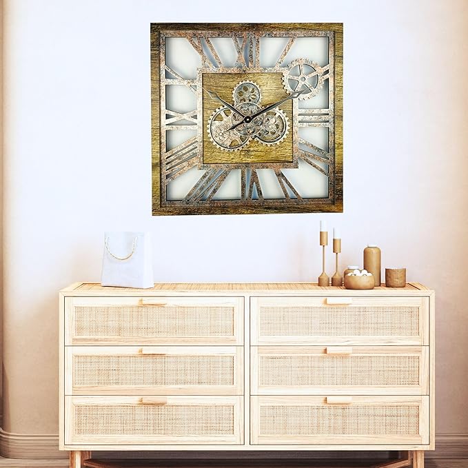 ImprovingLife The Gears Clock 24'' Inch Square Real Moving Gear Wall Clock Vintage Industrial Oversized Rustic Farmhouse (Gold Antique)