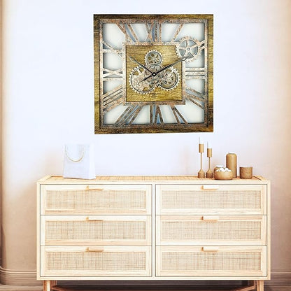 ImprovingLife The Gears Clock 24'' Inch Square Real Moving Gear Wall Clock Vintage Industrial Oversized Rustic Farmhouse (Gold Antique)