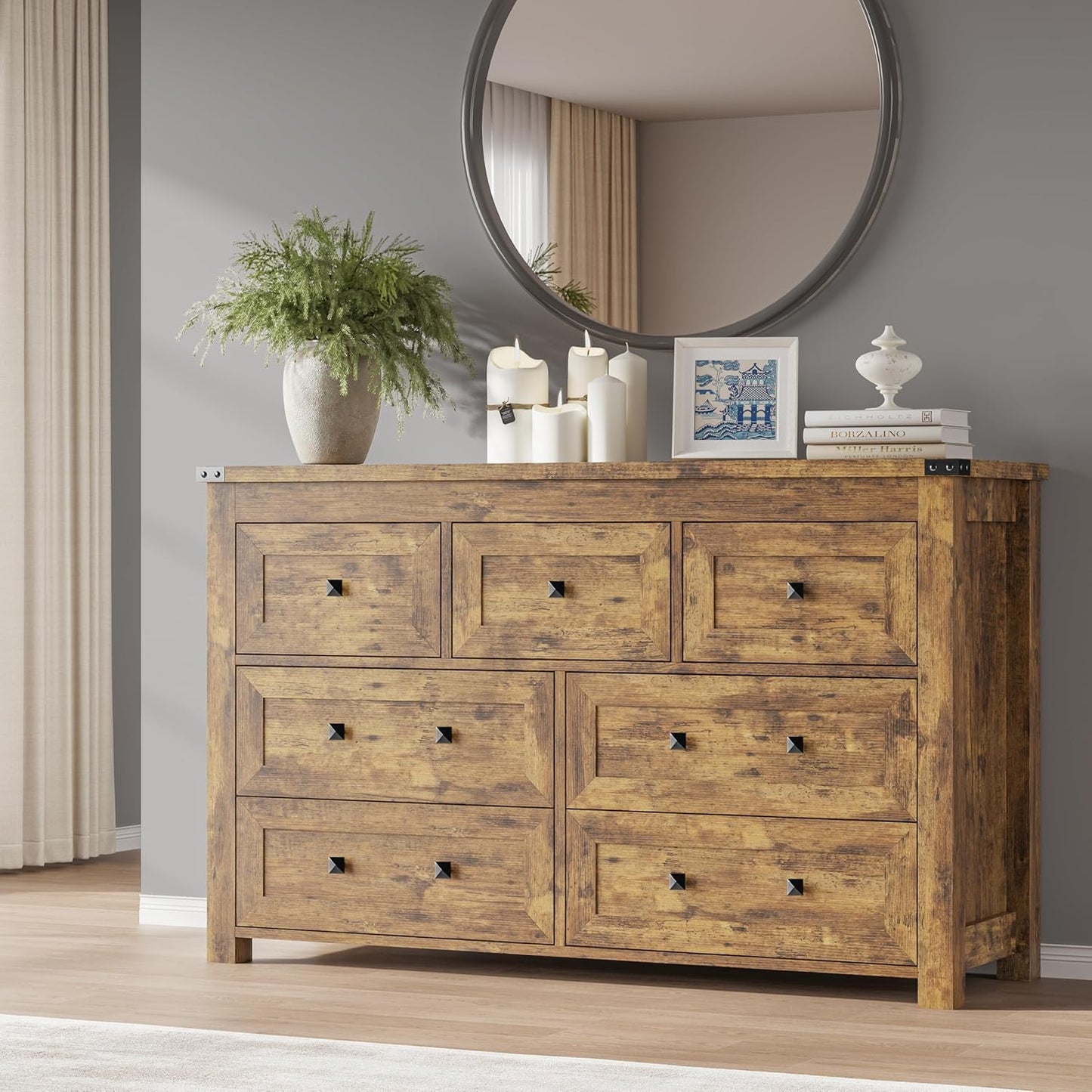 7-Drawer Dresser, Modern Wooden Storage Chest of Drawers, Dresser TV Stand, Wood Drawer Organizer with Metal Handles for Bedroom, Living Room, Hallway