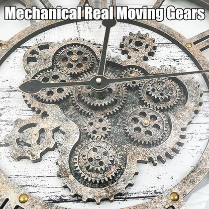 DORBOKER 24" Large Wall Clock with Moving Gears,Oversize Vintage Industrial Rustic Farmhouse Clocks for Living Room Decor Office Home,Solid Wood HD Tempered Glass Cover,White Grey