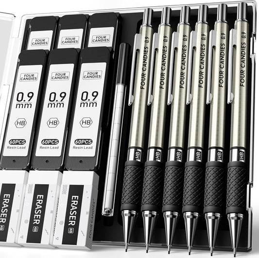 Four Candies Metal Mechanical Pencil Set - 6PCS 0.9mm Art Mechanical Pencils & 360PCS HB Lead Refills & 3PCS Erasers & 9PCS Eraser Refills, Drawing Mechanical Pencils for Writing, Sketching -With Case