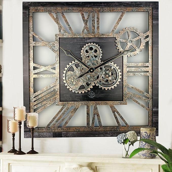 ImprovingLife The Gears Clock 24'' Inch Square Real Moving Gear Wall Clock Vintage Industrial Oversized Rustic Farmhouse (Vintage Black)