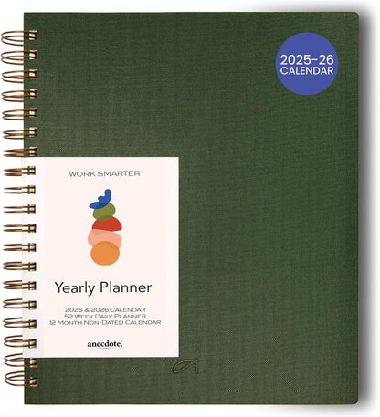 Anecdote 2025 Planner (8.5" x 10") Daily Planner Weekly Monthly Planner - 52 Weeks w/Library Buckram Cover, Brass Spiral - A4 Size Bleed-Resistant Paper – Evergreen