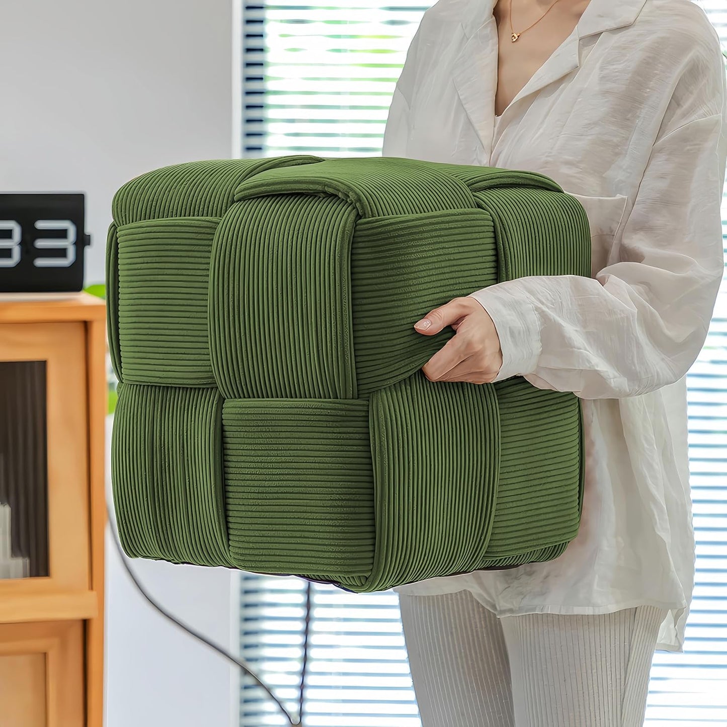 Ottoman Foot Rest Soft and Comfortable Ottoman Square Corduroy Woven Design Sofa Stool (Green)