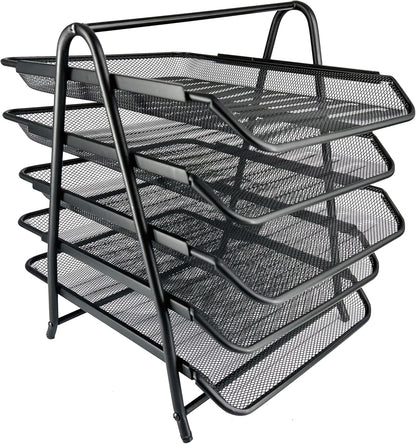 Huron Desktop Horizontal File Binder Organizer Storage Letter Tray, 5 Slot, Black Steel Mesh