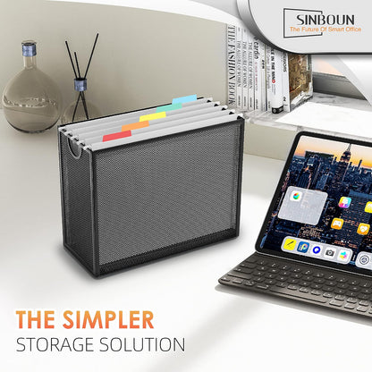 Sinboun Hanging File Organizer Letter-Size File Holder Filing Box Includes 5 Hanging Folders - Metal Mesh Magazine Letter Storage Cabinets File Cart for Office Home School, No Assembly Required