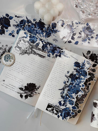 WT Rose Noir Wide PET Tape Gilded,Single Roll,Original Designs,Black Floral Decors,Transparent Clear Adhesive Tape,Gold Foil,Scrapbooks Junk Bujo Journals Planners DIY Crafts Supplies Gifts