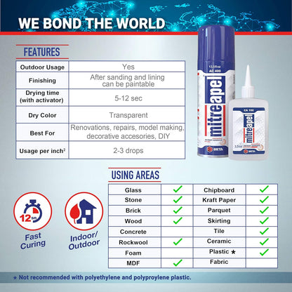 MITREAPEL Super CA Glue (2 x 3.5 oz) with Spray Adhesive Activator (2 x 13.5 fl oz), Cyanoacrylate Super Glue for Plastic, Glass, Ceramic, DIY, 3D Printing with Microtips - 2 Pack