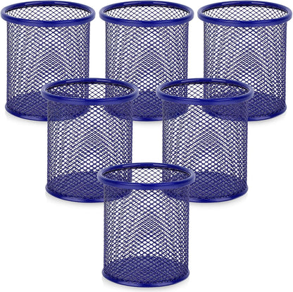 Segarty Pen Cup, 6 Pack Round Cute Dark Blue Pen Holder for Desk, Wire Mesh Pencil Holder Container Set, Desktop Organizer for Office Supplies, Maker, School, Home Storage, Makeup Brush