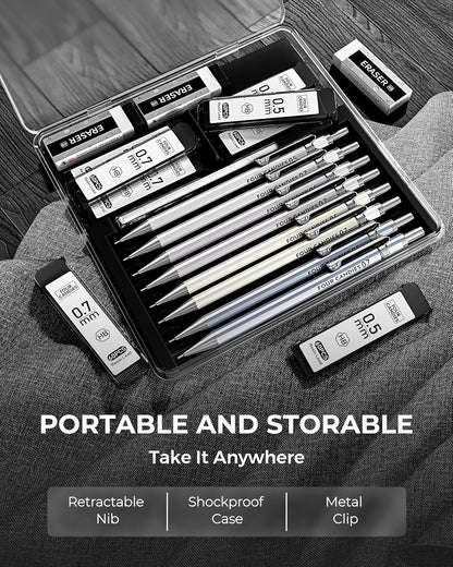 Four Candies 8PCS Metal Mechanical Pencils - 0.5 & 0.7mm with 8 Tubes HB #2 Lead Refills, Eraser Set and Eraser Refills, 20-Count Pack with Case, Lead Pencils Mechanical for Writing, Drawing, Drafting