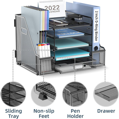 SUPEASY Mesh Desk Organizer with File Holder, 5-Tier Paper Letter Tray Organizer with Magazine Holder, Desktop Organizer and Storage with Drawer for Office Supplies Home or School, Black