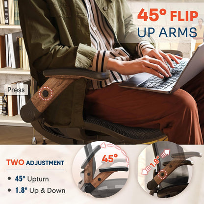 GABRYLLY Ergonomic Office Chair, High Back Home Desk Chair with Headrest, Flip-Up Arms, 90-120° Tilt Lock and Wide Cushion, Big and Tall Mesh Chairs for Man Woman, Black Task Chair(Dark Woodgrain)