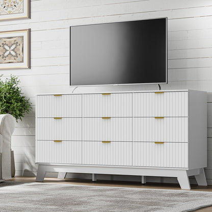 Fluted 9 Drawer Dresser, 57.1" Wide Modern Boho Chest of Drawers, Wooden Storage Dresser TV Stand for Bedroom, Living Room, Closet, Hallway, Curved Profile Design
