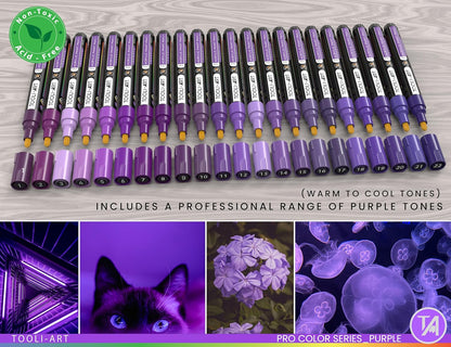 TOOLI-ART 22 Acrylic Paint Markers Paint Pens Pro Color Series Set 3mm Medium Tip for Rock Painting, Glass, Mugs, Wood, Metal, Glass Paint, Canvas, DIY. Non Toxic, Waterbased, Quick Drying (PURPLE)