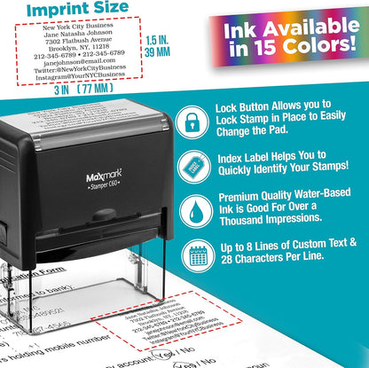 MaxMark Customized Self Inking Stamp - Up to 8 Lines of Text - XX-Large Size - Choose from 15 Ink Colors