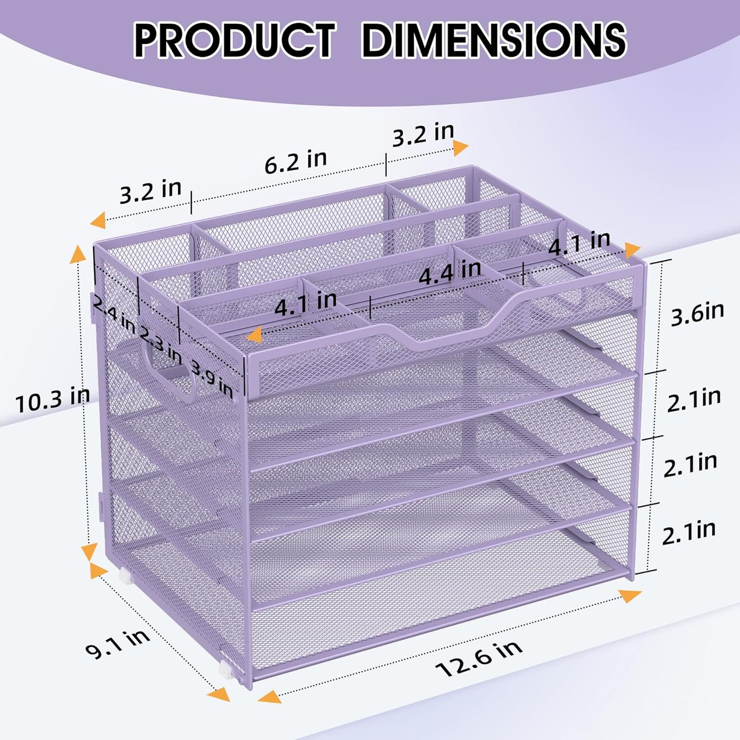 5 Tier Paper Letter Tray with 3 Drop-in Pen Holders, Mesh Desk File Organizer with Handle, Desk Organizers and Accessories for School,Home, Office Supplies Storage-Purple