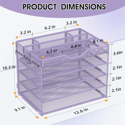 5 Tier Paper Letter Tray with 3 Drop-in Pen Holders, Mesh Desk File Organizer with Handle, Desk Organizers and Accessories for School,Home, Office Supplies Storage-Purple