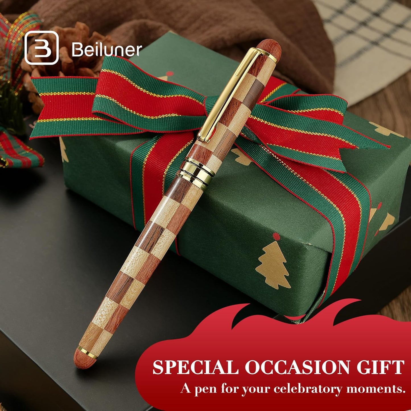BEILUNER Luxury Wood Ballpoint Pen Writing Set, Chess Style - Elegant Fancy Nice Gift Pen Set for Signature Executive Business Office Supplies - Gift Boxed with Extra Refills (Black)