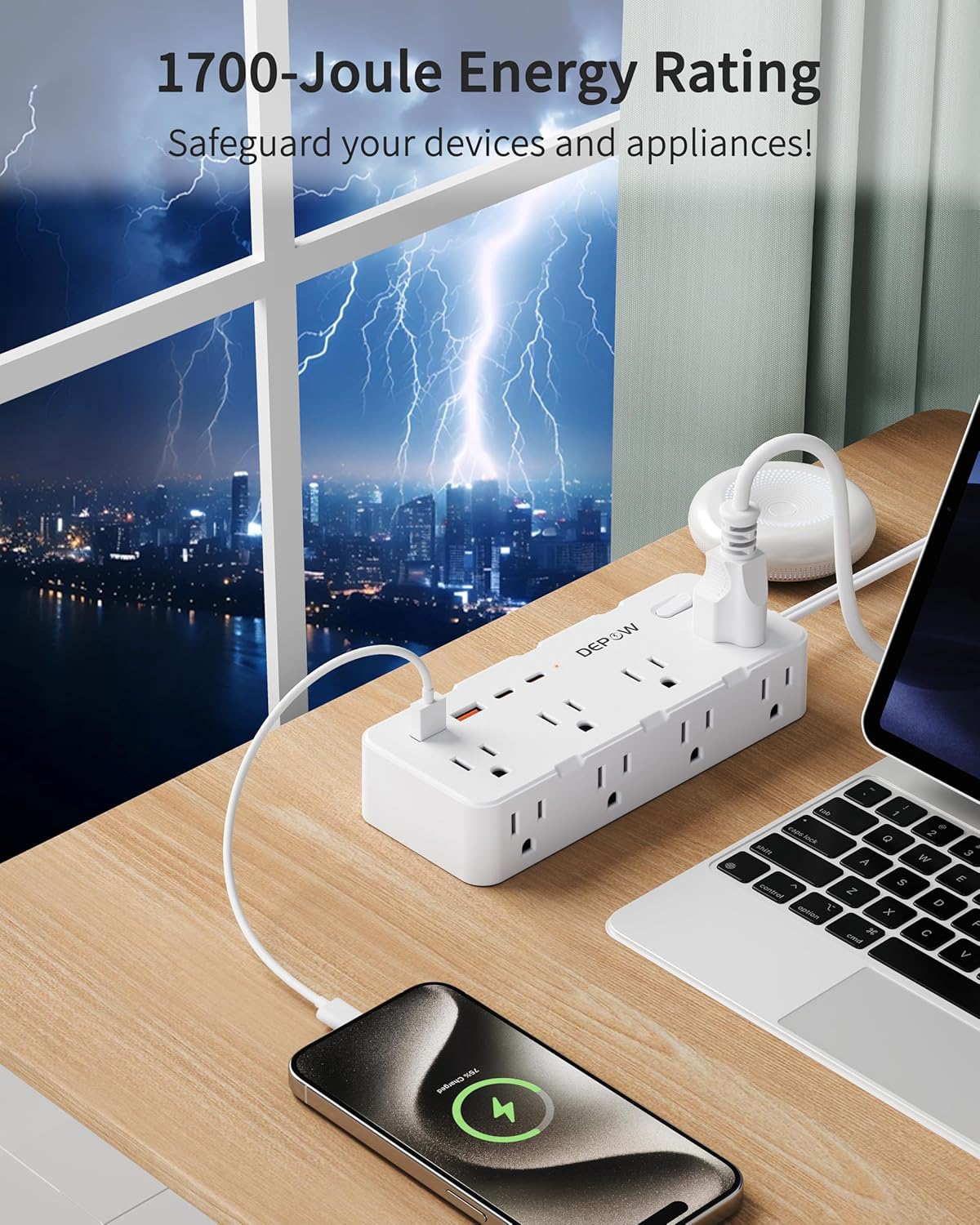 2 Prong Power Strip, 2 to 3 Prong Outlet Adapter with 8 AC & 4 USB Ports (2 USB C), 5FT Extension Cord, 1700J Two Prong Surge Protector, Wall Mountable, Ideal for Old House Non-Grounded Outlets