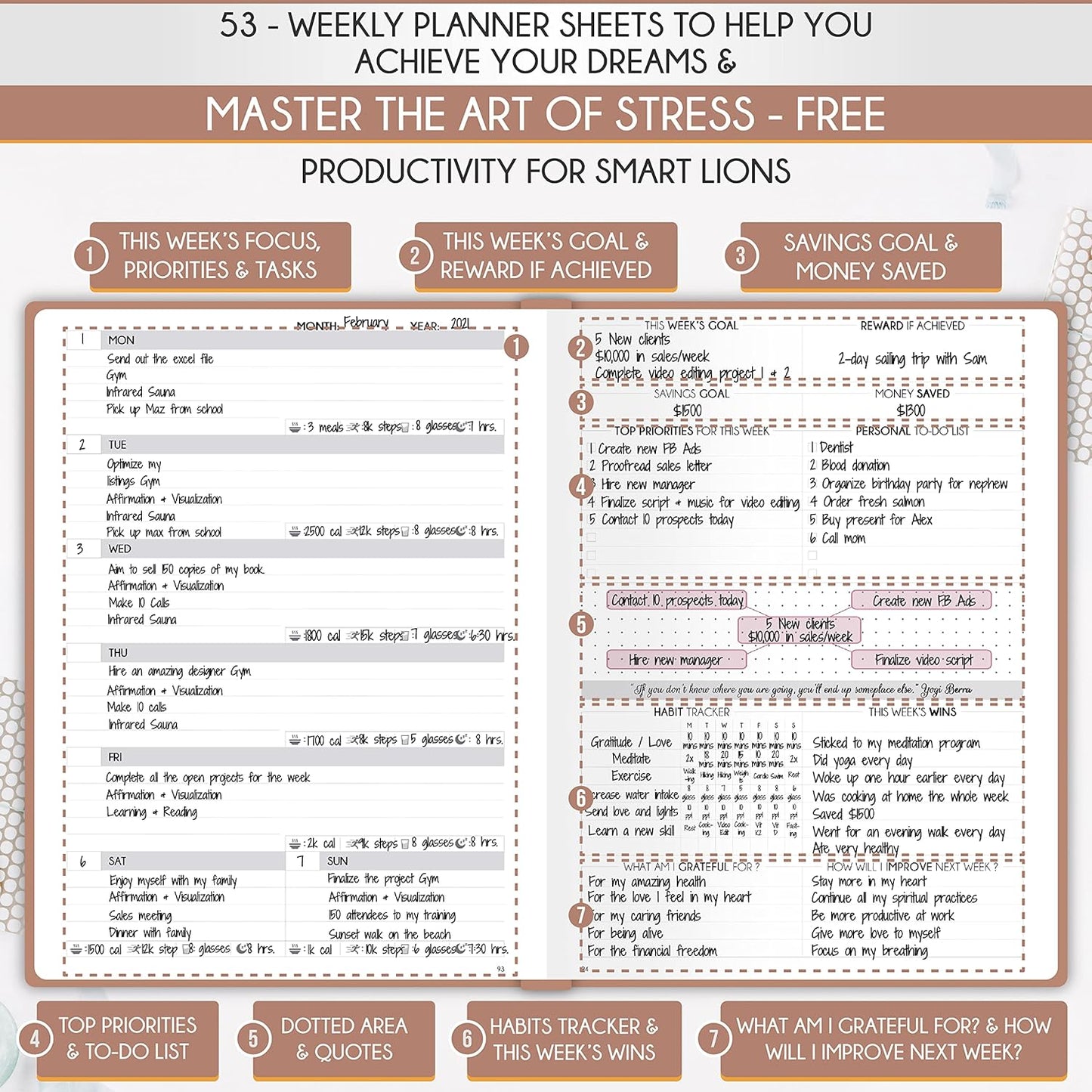 Life Planner - Undated Daily, Weekly & Monthly Planner with Budget Section | A 12 Month Journey to Increase Productivity & Happiness | Life Organizer & Gratitude Journal - Horizontal Format