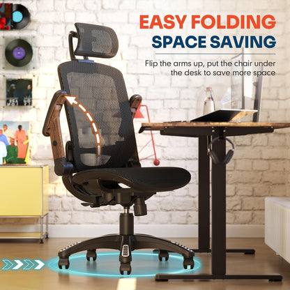 GABRYLLY Ergonomic Office Chair, High Back Home Desk Chair with Headrest, Flip-Up Arms, 90-120° Tilt Lock and Wide Cushion, Big and Tall Mesh Chairs for Man Woman, Black Task Chair(Dark Woodgrain)