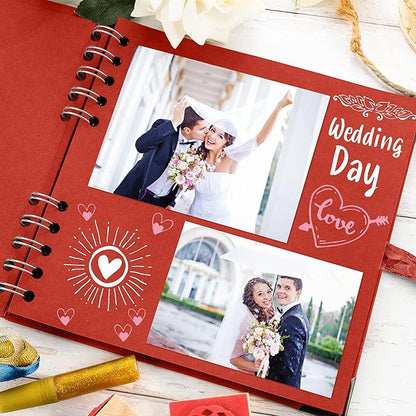 Bstorify Square Scrapbook Photo Albums 7 x 7 Inch Red Thick Paper, Hardcover, Metal Corners, Ribbon Closure - Ideal for Your Scrapbooking Albums, Art & Craft Projects