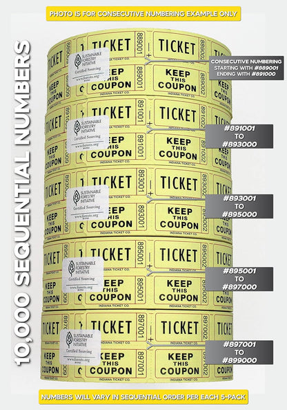 INDIANA TICKET CO. 10,000 Yellow CONSECUTIVELY Numbered Raffle Ticket Roll. 5 Rolls of 2,000, for Classroom Rewards, Events, Fundraisers, Door Entry, Raffles, Prizes, Drink/Food Tickets, & More