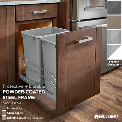 Rev-A-Shelf Double Pullout Trash Can for Base Kitchen Cabinets 27 Quart 12.5 Gallon with Soft-Close Slides, Metallic Silver, 53WC-1527SCDM-217
