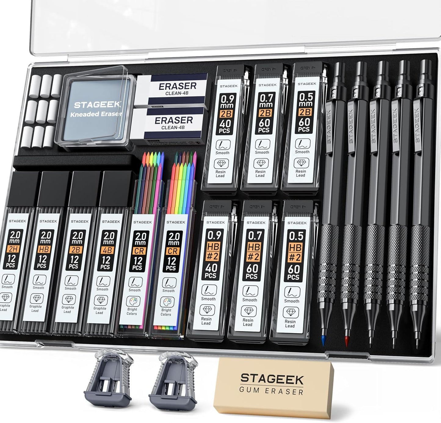 25PCS Art Mechanical Pencil Set, 3PCS Metal lead pencil 0.5, 0.7, 0.9, 2PCS 2mm Drawing Pencil (HB 2H 2B 4B Color) with 392PCS Graphite Leads, Eraser with Case for Drafting Drawing Writing