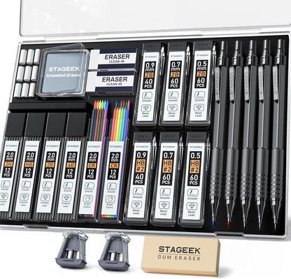 25PCS Art Mechanical Pencil Set, 3PCS Metal lead pencil 0.5, 0.7, 0.9, 2PCS 2mm Drawing Pencil (HB 2H 2B 4B Color) with 392PCS Graphite Leads, Eraser with Case for Drafting Drawing Writing