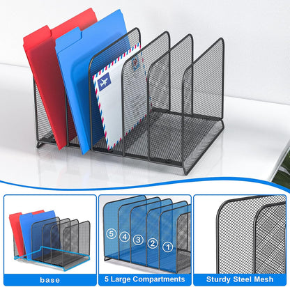 5 Sections Desk File Holder/Rack/Sorter,Mesh File Organizer,File Folder Organizer,Metal Upright Desktop Organization for Documents,Magazine,Kitchenware,Antiskid,Antirust,Sturdy,1 Pack