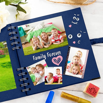 Bstorify Square Scrapbook Photo Albums 7 x 7 Inch Blue Hardcover with Ribbon Closure - Ideal for Scrapbooking, Art & Craft Projects