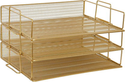 Martha Stewart Ryder 3 Tier Desk Letter Tray Organizer, Stackable Steel Mesh Inbox Tray for Files, Papers, or Letters, Gold