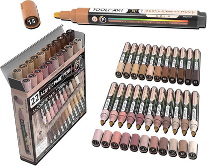 TOOLI-ART 22 Acrylic Paint Markers Paint Pens Pro Color Series Set 3mm Medium Tip for Rock Painting, Glass, Mugs, Wood, Metal, Glass Paint, Canvas, DIY. Non Toxic, Waterbased, Quick Drying (SKIN)