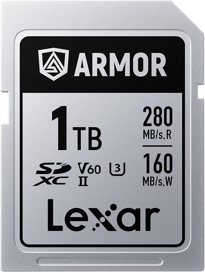 Lexar 1TB Armor Silver PRO SDXC Memory Card, UHS-II, C10, U3, V60, 6K UHD, Up to 280MB/s Read, Stainless Steel, for Professional Photographer, Videographer, Enthusiast (LSDAMSP001T-RNNNU)